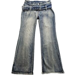 Shein Paper Bag Jeans Womens 32 Blue Antique Wash Belted Mid Rise Flare Leg